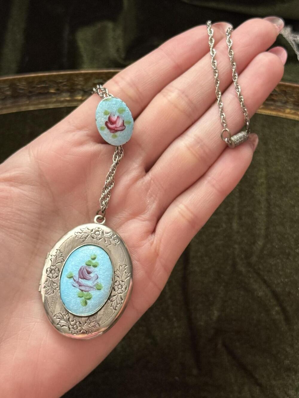 Vintage Guilloche Silver tone Locket Necklace